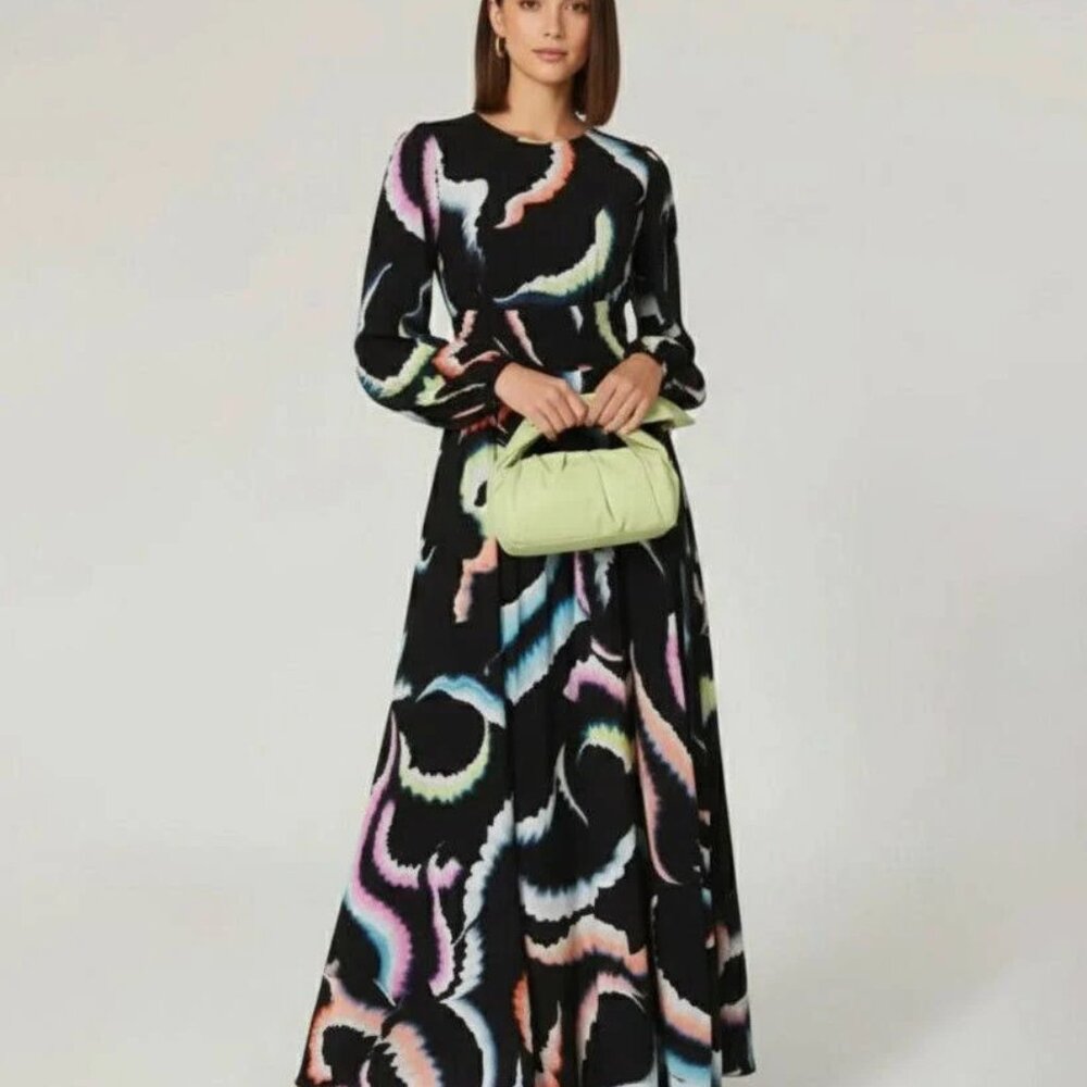 A.L.C. Leah Abstract Print Maxi Dress Size 0 Black Multicolor Long Sleeve $895 - Picture 3 of 16